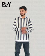Men’s Premium Old Money Striped Zip Collar Sweater – White & Dark Blue | Winter Collection