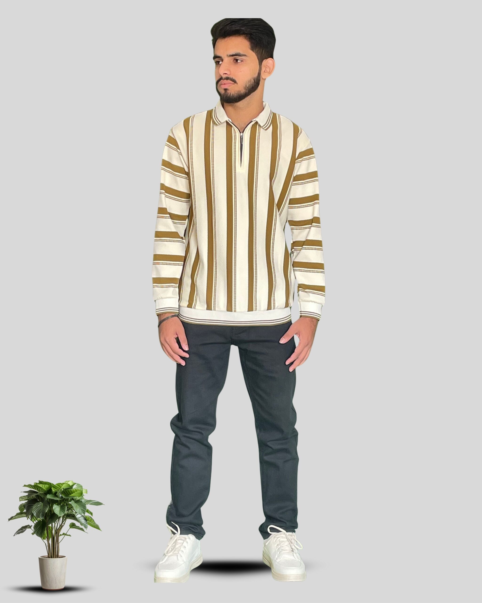 light golden old money (1) Men’s White & Light Golden Striped Old Money Shirt – Premium Casual Wear | 2025 Collection - Image 1